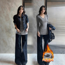 灰色v领中长款内搭加长打底衫女秋冬季磨毛厚包臀遮屁股上衣修身