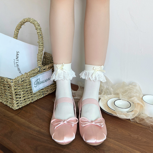 Summer sweet thin mid-calf white lace bow lace socks velvet knee-high girl socks Lolita