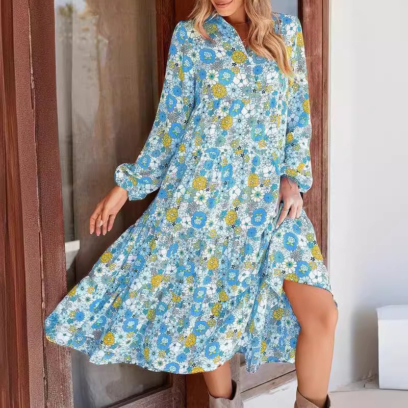 Casual Loose Fitting Bohemian Floral V Neck Dress Long Sleeved Puff Sleeve Women's Clothing New Spring Summer_ecoleips.com