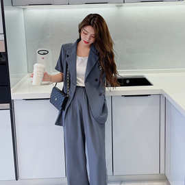 实拍现货西装夏新款2021韩版炸街设计感气质休闲裤子两件套潮