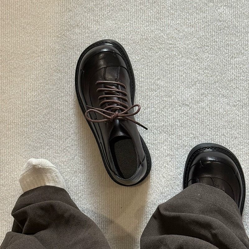 ShoeVault Chunky Toe Commuter Leather Thick Sole Korean Version Derby Shoes British Style Unisex Trendy Height Increasing Niche_voghion.com