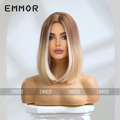 Cross-border mid-part gradient platinum-mixed color highlights, shoulder-length straight hair—European and American-style synthetic full-head wigs