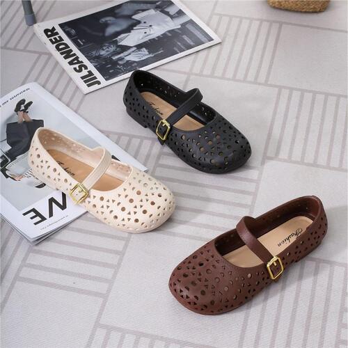 New style soft sole breathable hollowed-out hole shoes fairy style dress flat one-button belt Mary Jane slippers girls