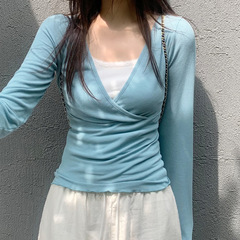 韩系休闲甜美纯欲风V领假两件长袖T恤女撞色修身百搭打底针织上衣