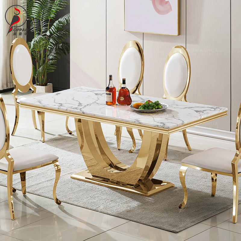 Modern Stainless Steel High-End Marble Rectangular Dining Table Hong Kong Style Light Luxury Home Luxury Large and Small Table and Chairs
