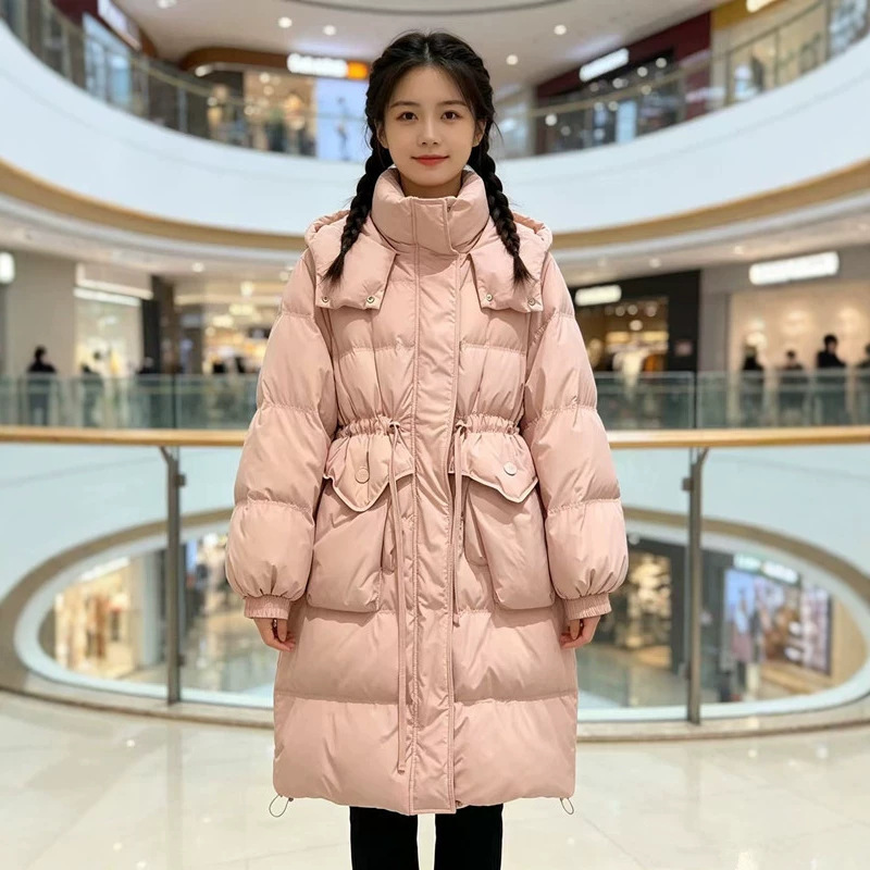New winter long hooded down jacket for women, high-end fashion casual thickened, with a drawstring waist and large pockets, versatile New winter long hooded down jacket for women, high-end fashion casual thickened, with a drawstring waist and large pockets, versatile