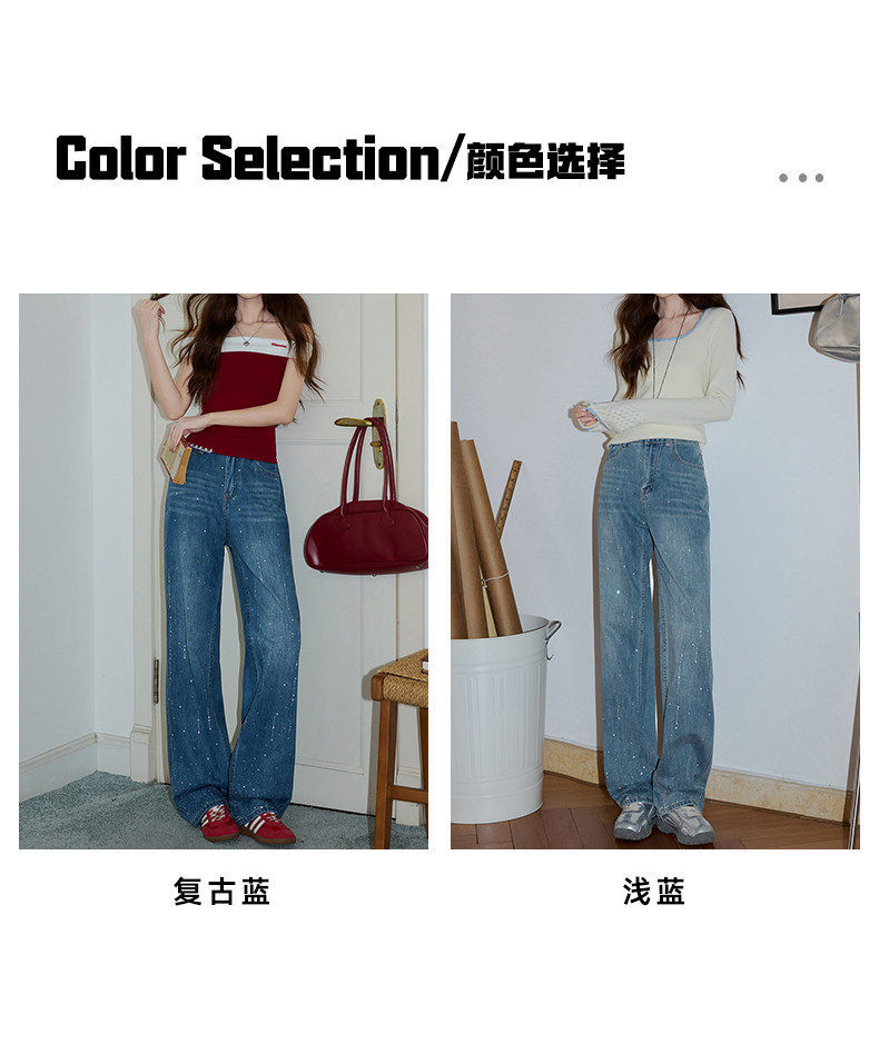 Quần jean nữ ống rộng cạp cao phong cách Mỹ mùa hè — Màu xanh cổ điển - Extended chi tiết 4