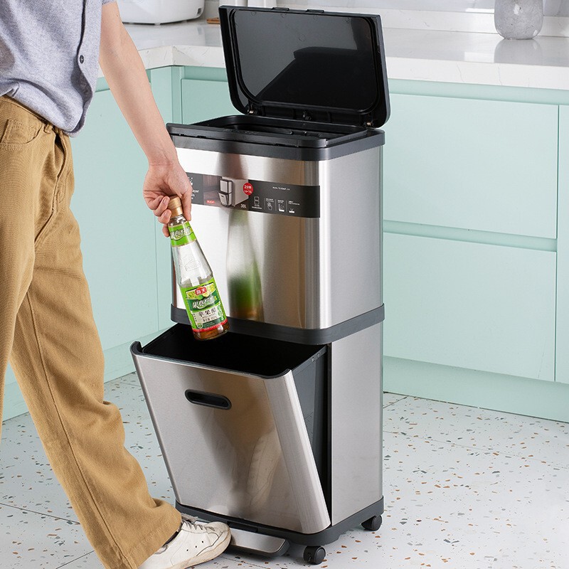 Stainless Steel Household Double-Layer Sliding Lid Trash Can with Universal Wheels, High-End Kitchen Pedal Bin for Easy Waste Sorting Without Bending