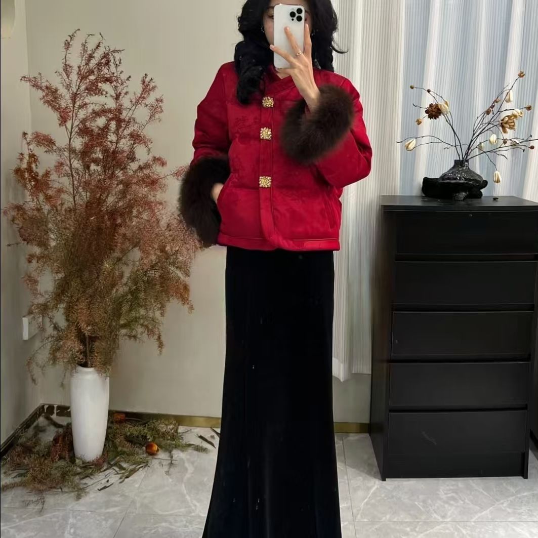 New Chinese Style Jacquard down Jacket for Women 2025 Winter New Accessible Luxury Cuffs Fox Fur White Duck down Jacket