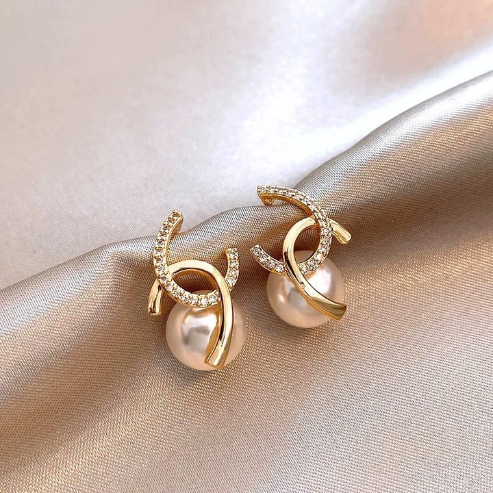 Gold double c pearl pendant stud earrings