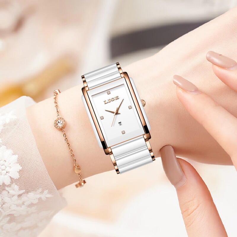 Lige/New Fashion Ceramic Stainless Steel Couple's Watch Quartz Watch Square Calendar Women's Watch Silver White Black
