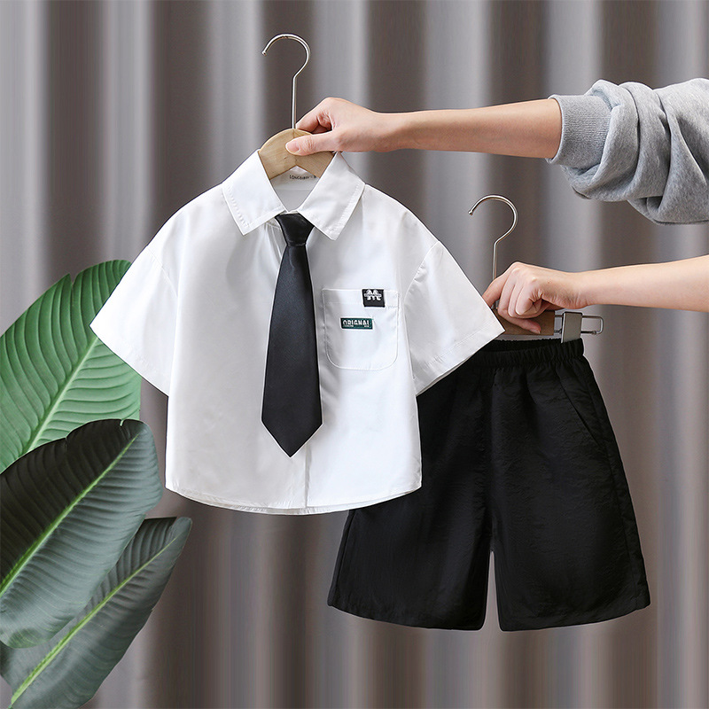 7159 Ropa para niños de verano Camisa blanca de manga corta Traje para niños Estilo universitario Pantalones de traje para niños pequeños y medianos Traje de camisa de verano