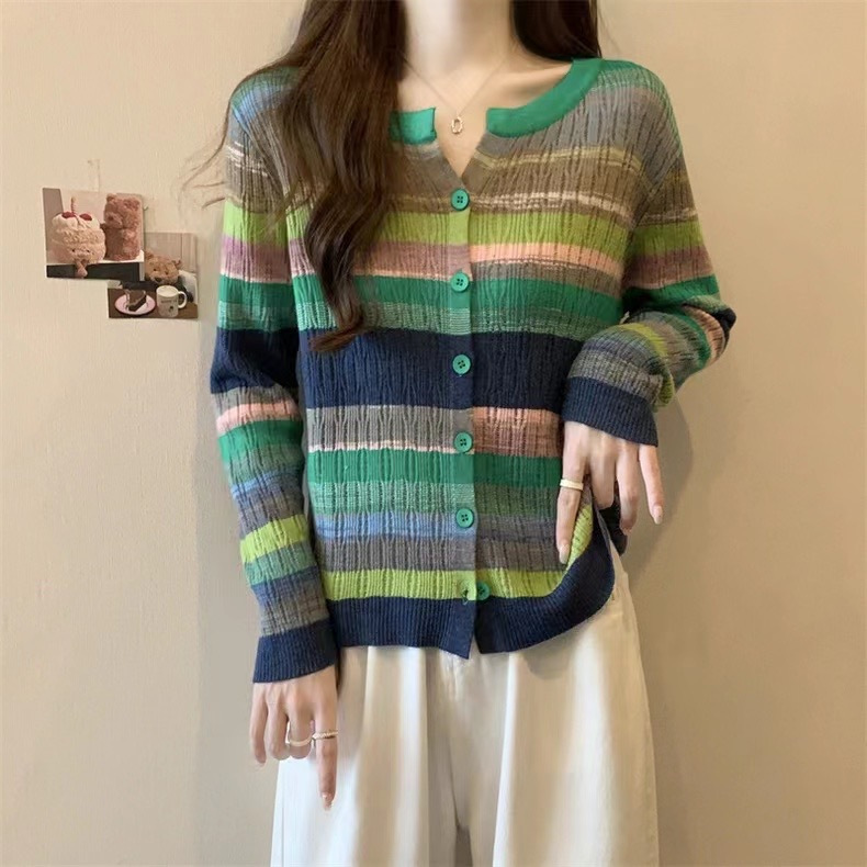 直播批发彩色条纹针织衫秋季显瘦长袖镂空毛衣彩虹开衫宽松外套|undefined