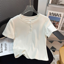 法式利落感 三粒扣修身显瘦新款韩版2024短袖正肩螺纹T恤设计感潮