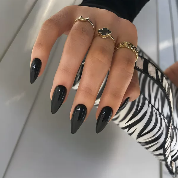 Cross-border exclusive for solid color almond-shaped black wearing armor high gloss black pointed false nail