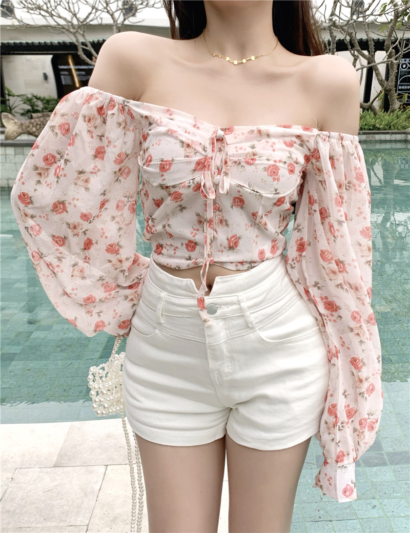 Women's Sweet Floral One-shoulder Shirt - Blue