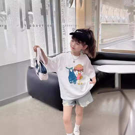 女童卡通短袖t恤2024夏装新款洋气半袖上衣中大童韩版宽松打底衫