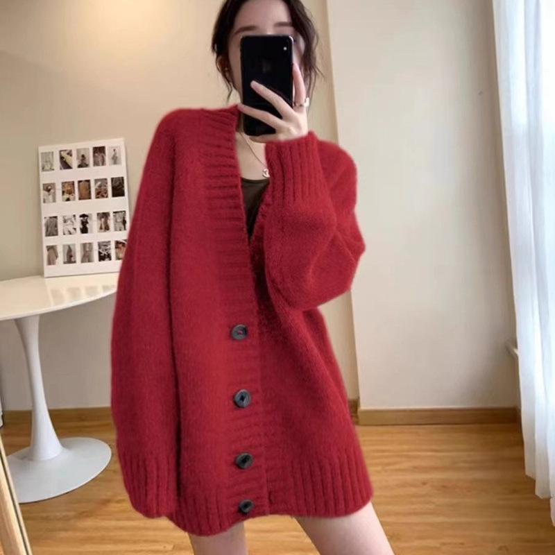 Thickened Korean-Style Knitted V-Neck Cardigan Jacket 2026 Autumn and Winter New Style Loose Plus-Size Elegant Versatile Sweater for Women Thickened Korean-Style Knitted V-Neck Cardigan Jacket 2026 Autumn and Winter New Style Loose Plus-Size Elegant Versatile Sweater for Women