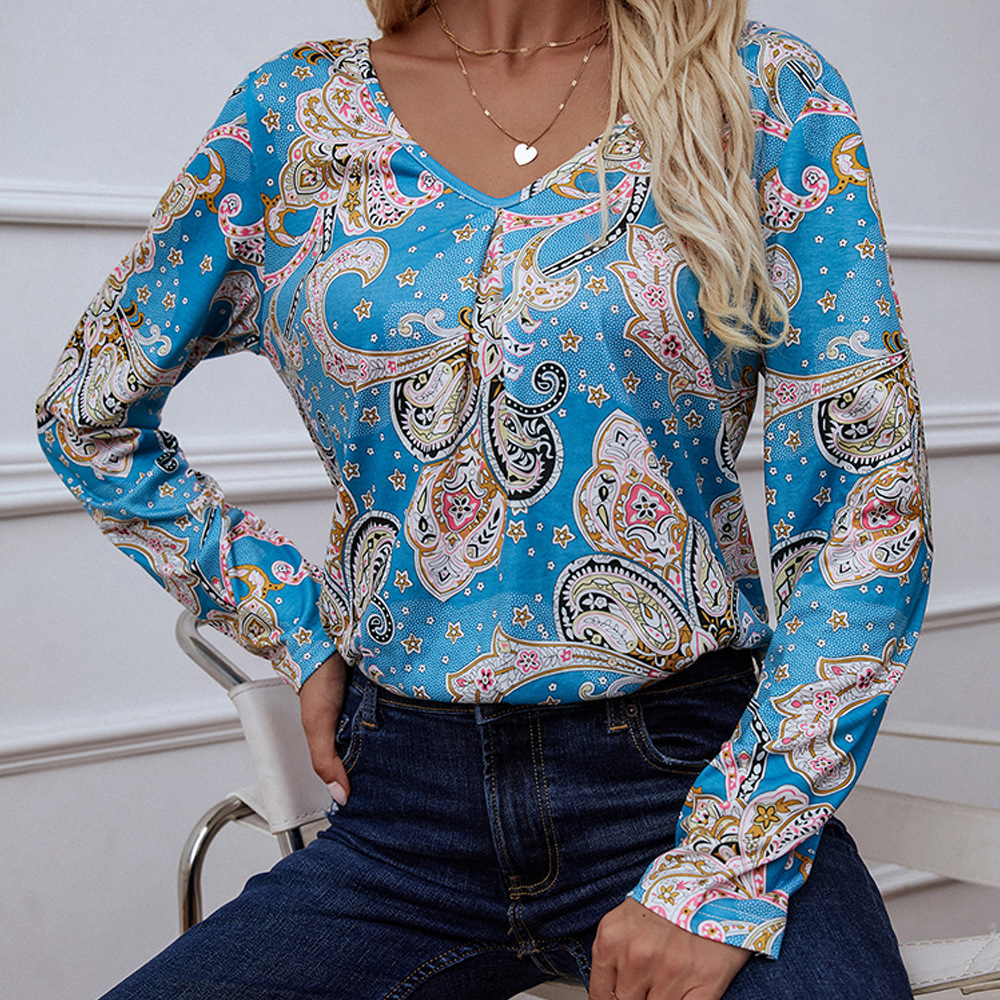 Flower Print V Neck Blouse For Women