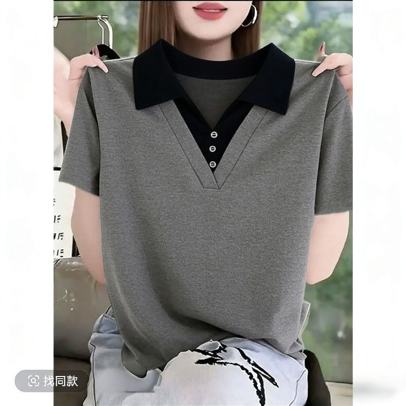 Cross-Border 2026 Summer New Style Pure Cotton Color-Blocking Polo Short-Sleeve Women's Popular Turn-Down Collar T-Shirt Base Shirt Top
