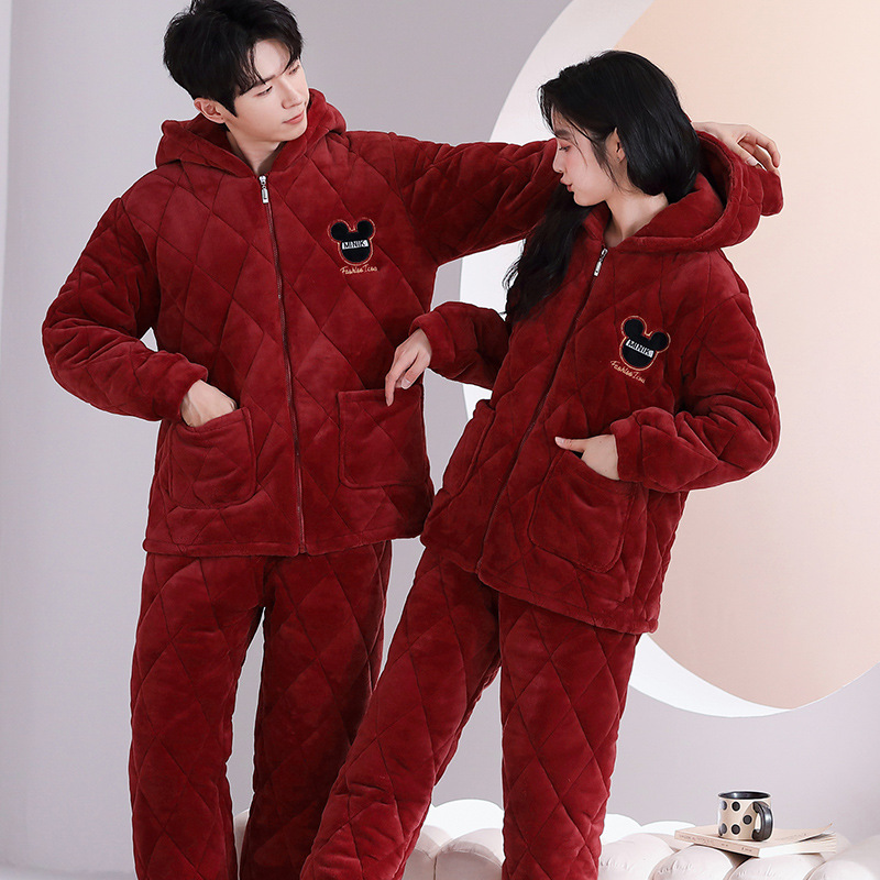 3 층 퀼트 파자마 겨울 후드 카디건 긴팔 두껍게 기모 빨간 가족 년 후드 커플 홈 옷
