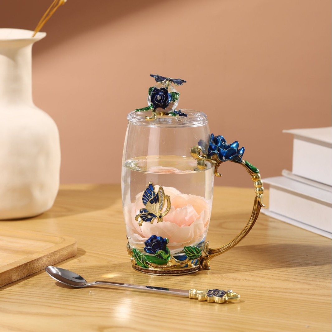 Taza de té con cubierta de flores creativa sala de estar taza de agua de desayuno de lujo taza de leche de esmalte de color taza de café de mujer taza de vidrio casero