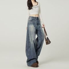 复古蓝高街宽松阔腿牛仔裤女春秋新款设计感高腰垂感显瘦弯刀裤子