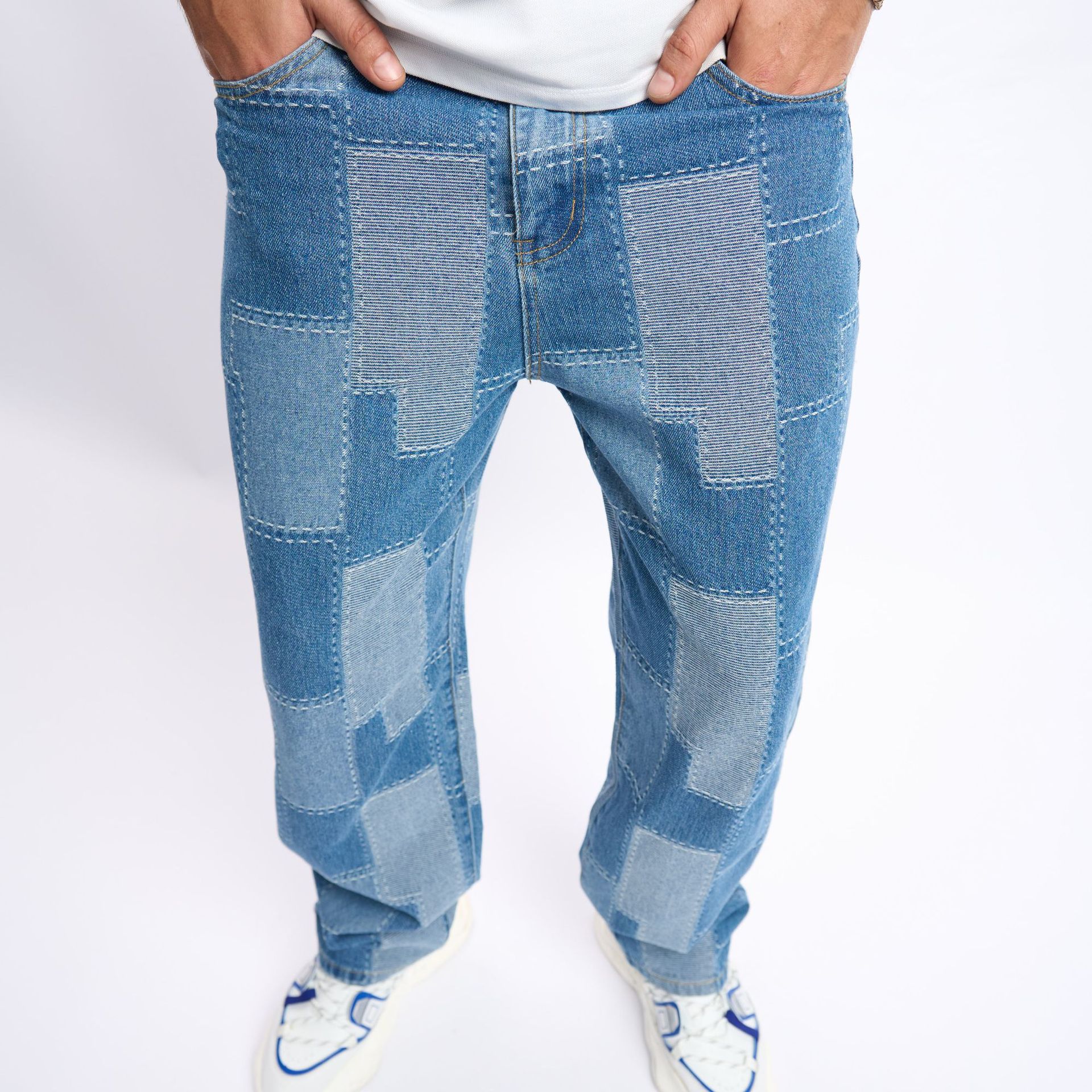 Autocollants d'étiquette tendance denim, points de suture, jeans élastiques, pantalons amples à jambes larges pour hommes, pantalons de sol, 2024_voghion.com