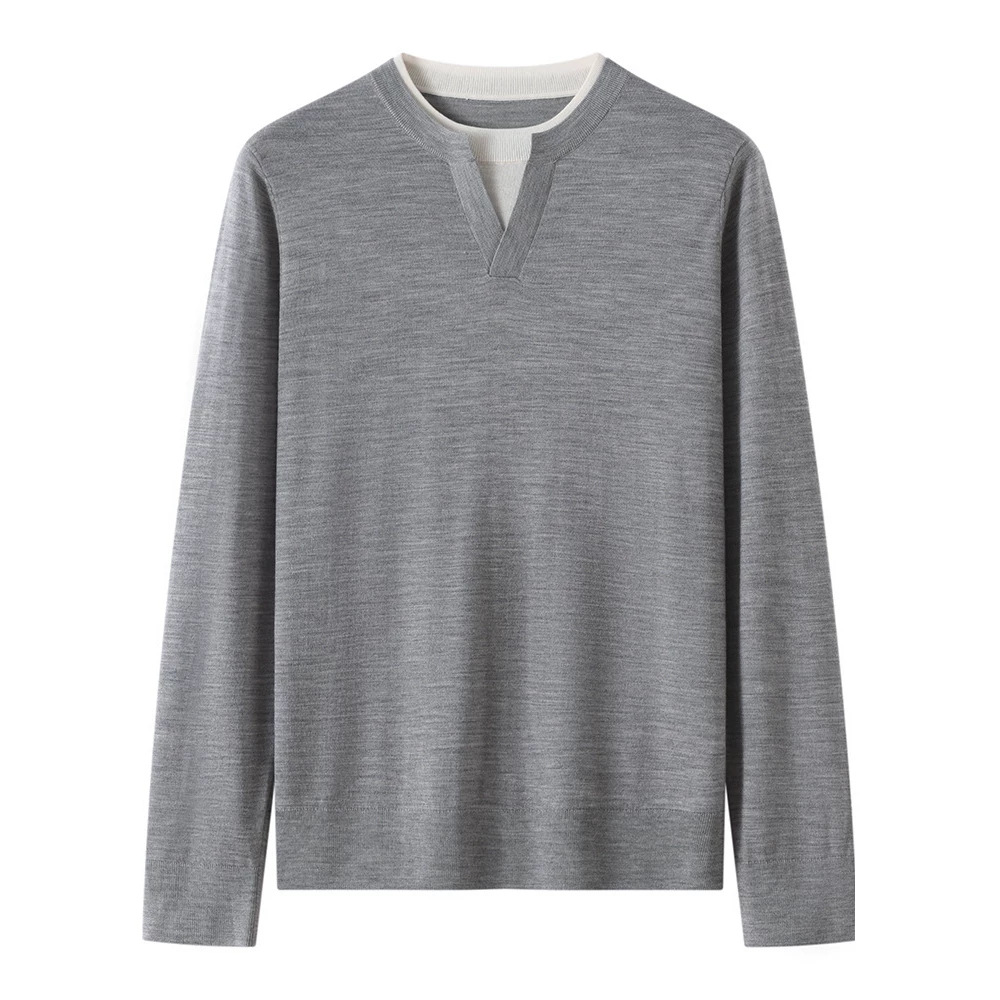 Cross-border fine-spun ultra-fine wool sweater for men, thin, faux two-piece, henley collar, loose casual inner layer, long-sleeved base shirt