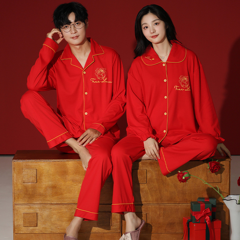 (2개) 커플 잠옷 봄과 가을 단면면 긴팔 남자와 여자의 새 결혼식 붉은 출생 년 가을 겨울 홈 의류 세트