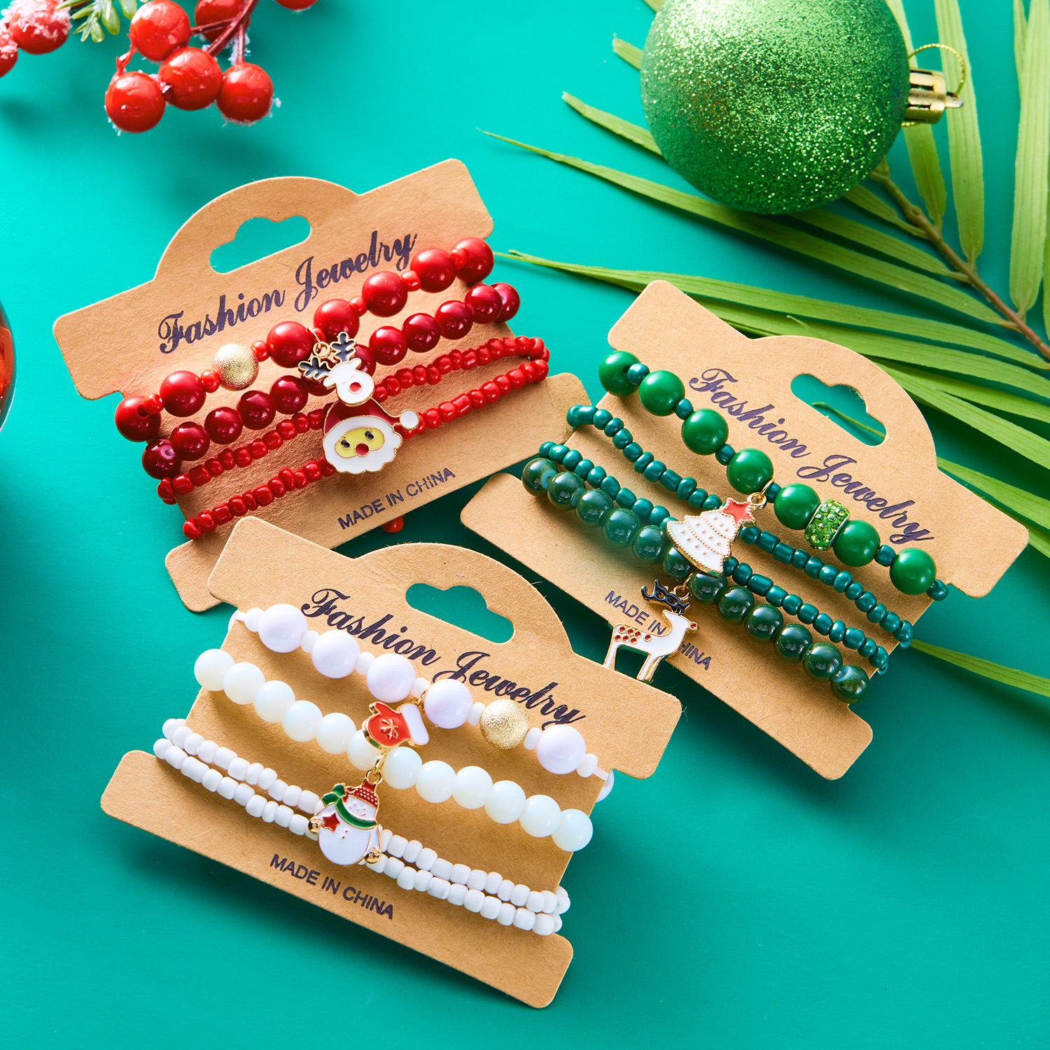 New Christmas Day Colorful Acrylic Diamond Snowflake Bell Elastic Bead Bracelet Set_voghion.com