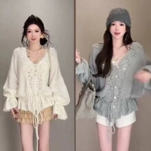 法式钩花镂空毛球V领长袖针织衫女早秋季设计感小众抽绳毛衣上衣