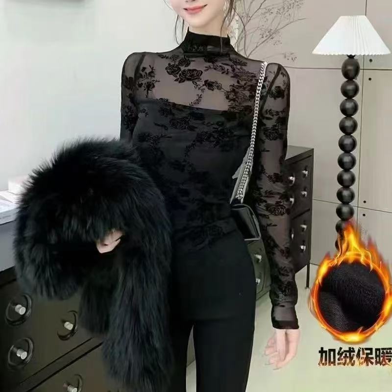 秋冬季加绒加厚半高领长袖蕾丝打底衫女气质修身显瘦外穿上衣|undefined
