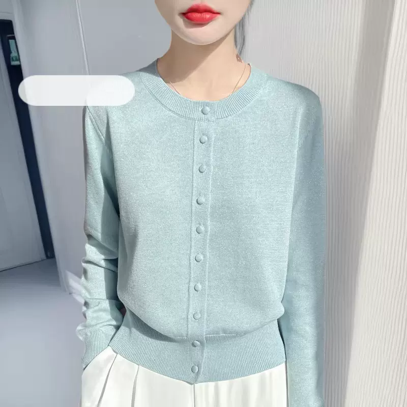 2025新款圆领针织开衫女亮丝单排扣长袖毛衣温柔风洋气秋冬季上衣