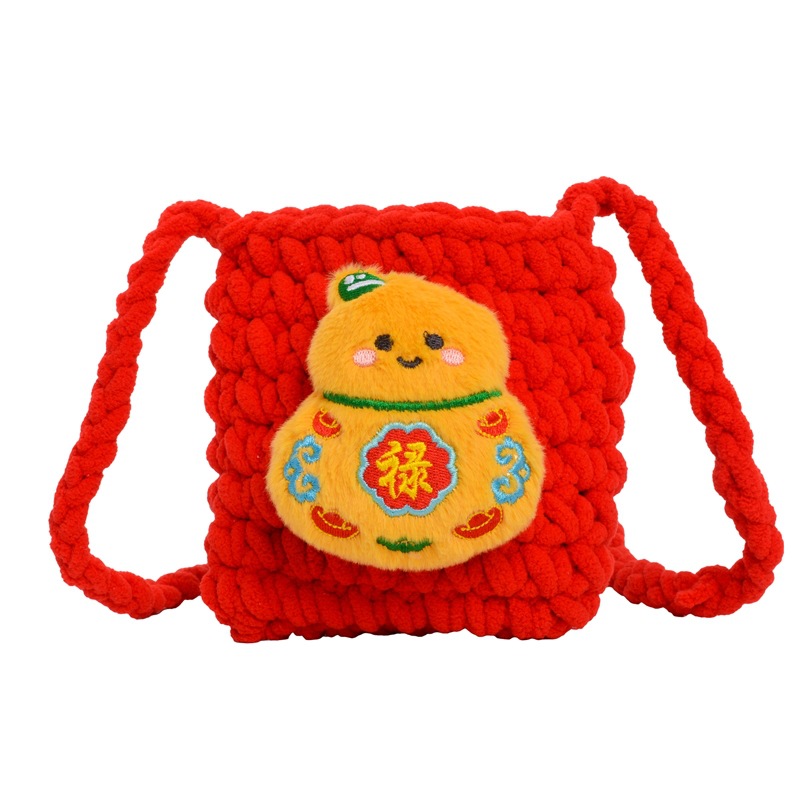 2026 bolsas de Año Nuevo para niños caricaturas lindas bolsas de hombro para niños y niñas ganchos de lana a mano sobre rojo de Año Nuevo