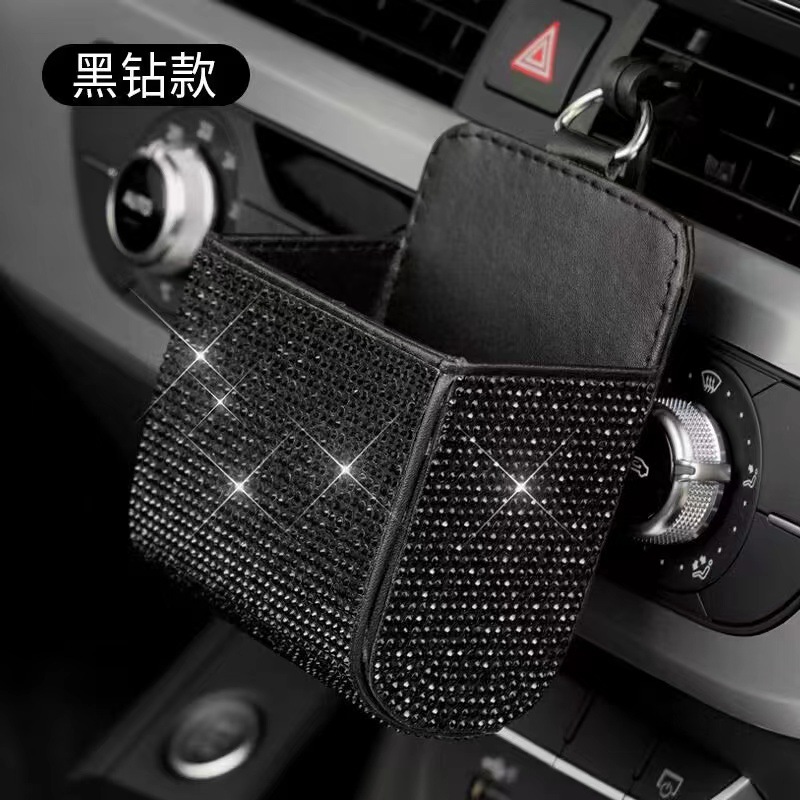 Bolsa de almacenamiento de salida de aire del coche Caja de almacenamiento multifuncional de cuero de coche con diamante Caja de almacenamiento de piel de oveja de salida de aire Bolsa