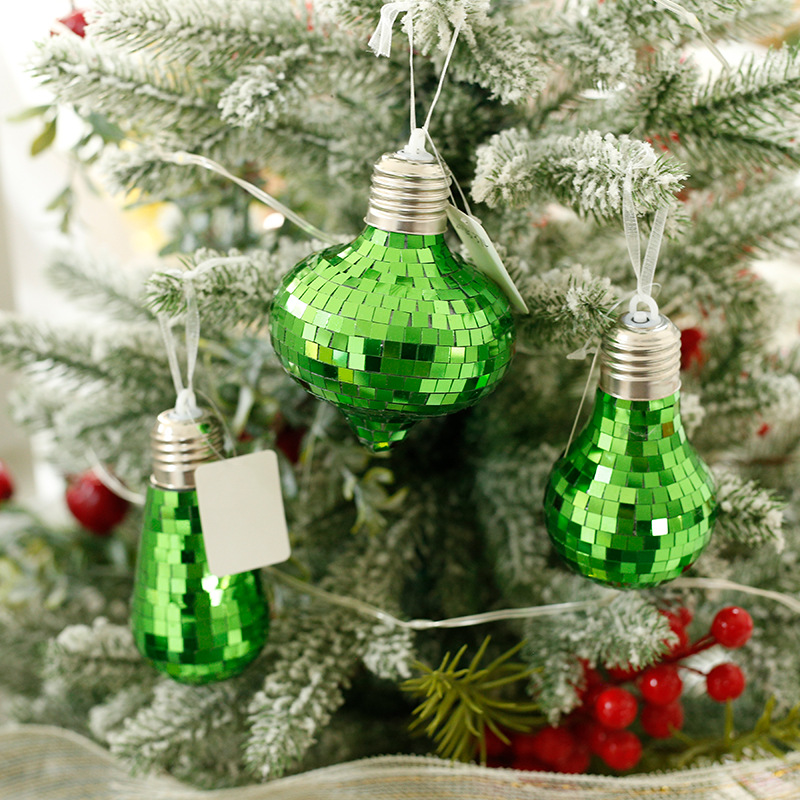 Adornos reflectantes de espejo de cristal de diamante navideño personalizado, embrión de espuma, diseño de escena LED verde, colgante luminoso