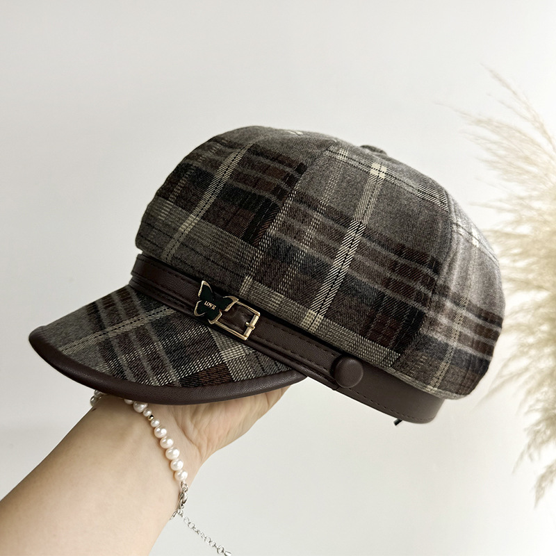 Inglés retrógrado sombrero octogonal mujeres otoño invierno grueso lana versátil sombrero pintor sombrero periódico de moda para mostrar la cara de la moda