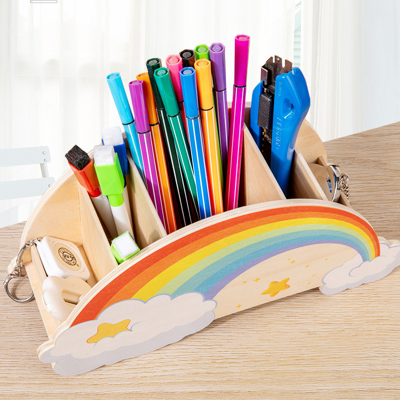 Creativo arco iris nube portalápices juguetes de madera decoración de escritorio estudiantes lindo papelería almacenamiento nuevo producto al por mayor