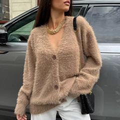 俄罗斯慵懒风针织开衫女欧美秋冬时尚v领宽松仿貂毛跨境毛衣外套