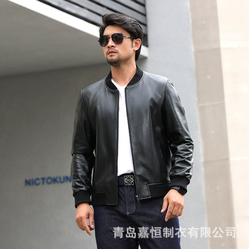 Baseball leather jacket, first‑layer sheepskin, contrast stitching, casual bomber