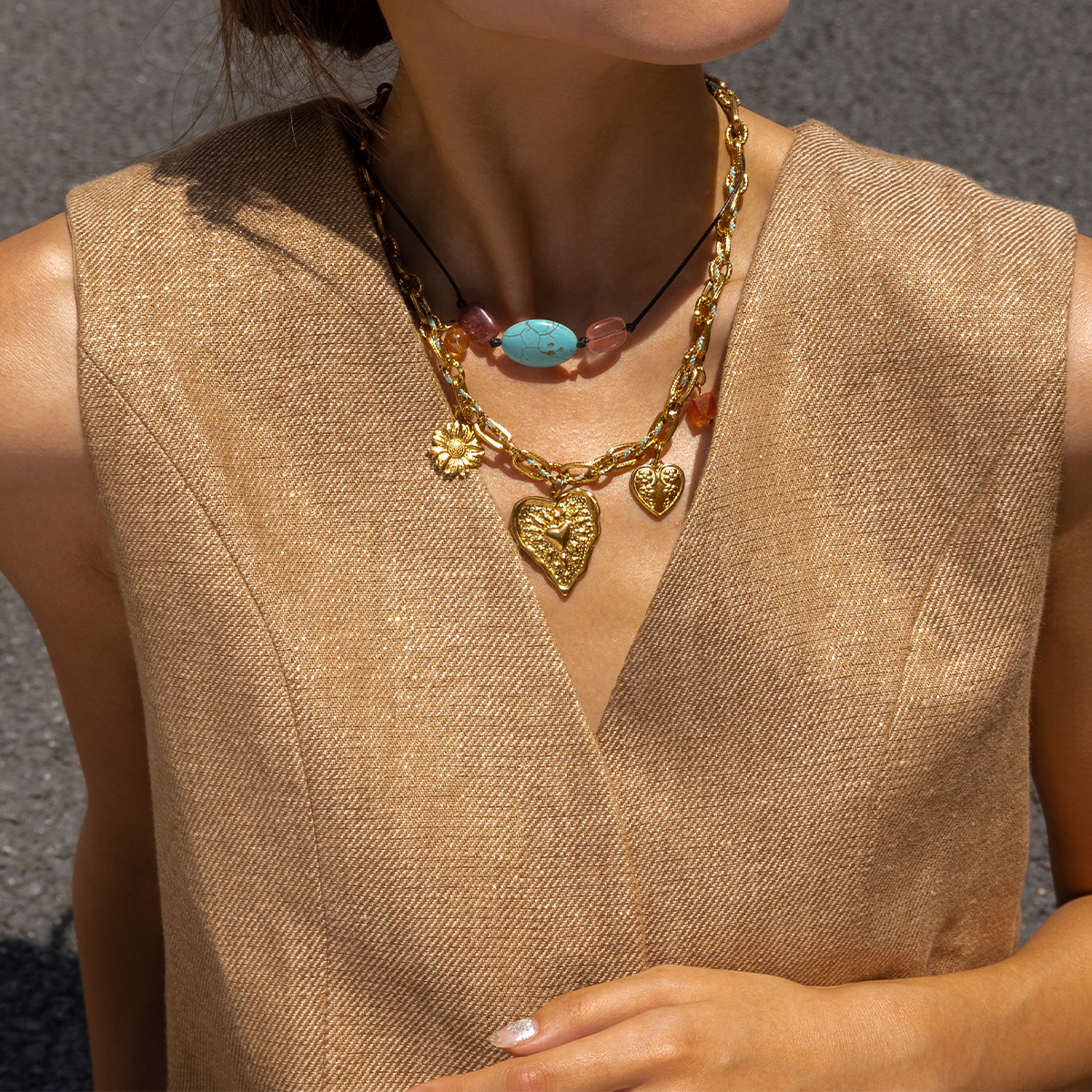 Collar de acero inoxidable TENA Europa y América de lujo ligero nicho de moda personalidad de acero de titanio cuerdas amor collar de piedra natural