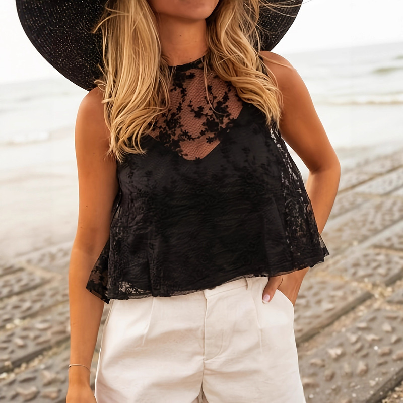 European and American Cross-Border Amazon 2025 Summer Mesh Vest Beach Sleeveless Two-Piece Elegant Shirt Top