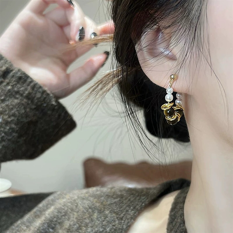 天然虎眼石珍珠拼接链条耳钉女复古美拉德轻奢时尚秋冬耳环耳饰|undefined