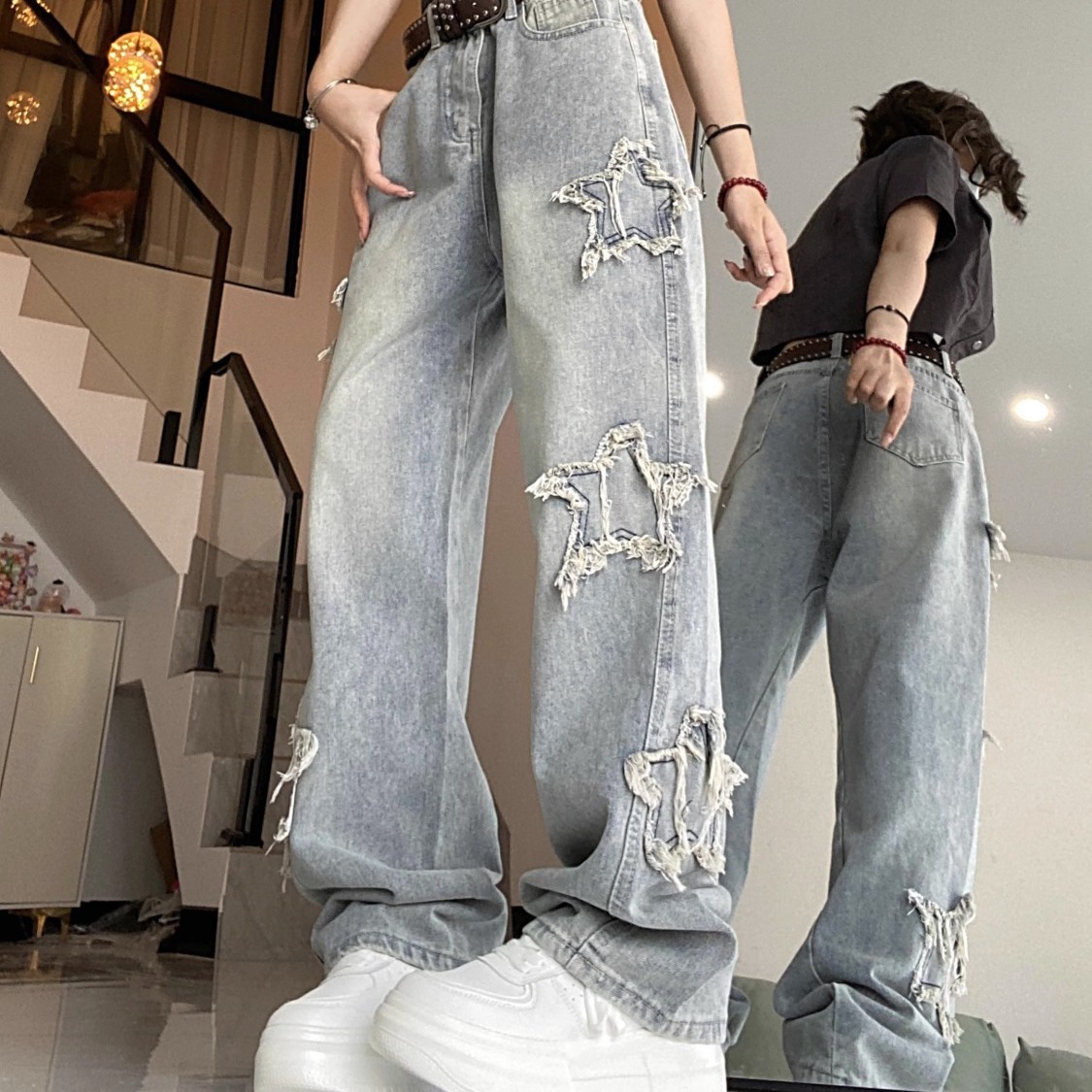 Damjeans American Star Höst Koreanska Utgåva Instagram Hög Midja Slimmade Kanter Broderade Raka Vida Benbyxor_voghion.com