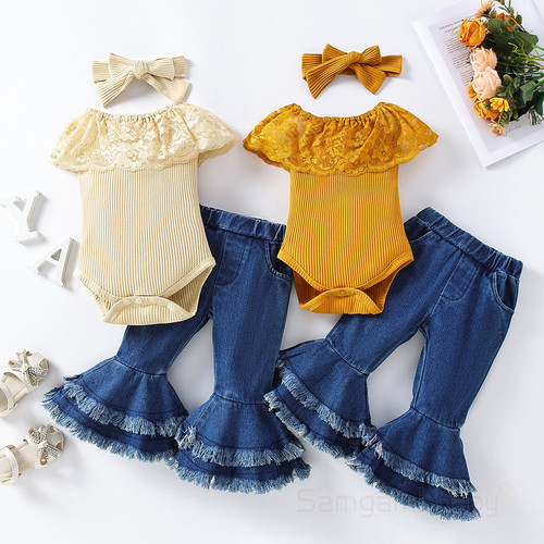 Cross-border Kids' Clothing  Summer Baby & Toddler Jumpsuit Romper Set with Lace Trim, Plus Denim Flared Pants for Girls