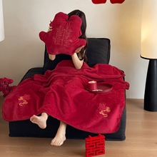 秋冬季A类獭獭绒毛毯多功能午睡毯高档披肩毯子婚庆礼品毯大红色