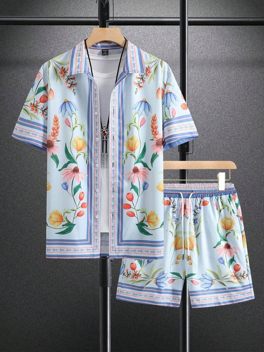 Xiyin venta caliente verano camisa pantalones cortos traje playa vacaciones coloridas rayas florales spot de impresión digital 3D