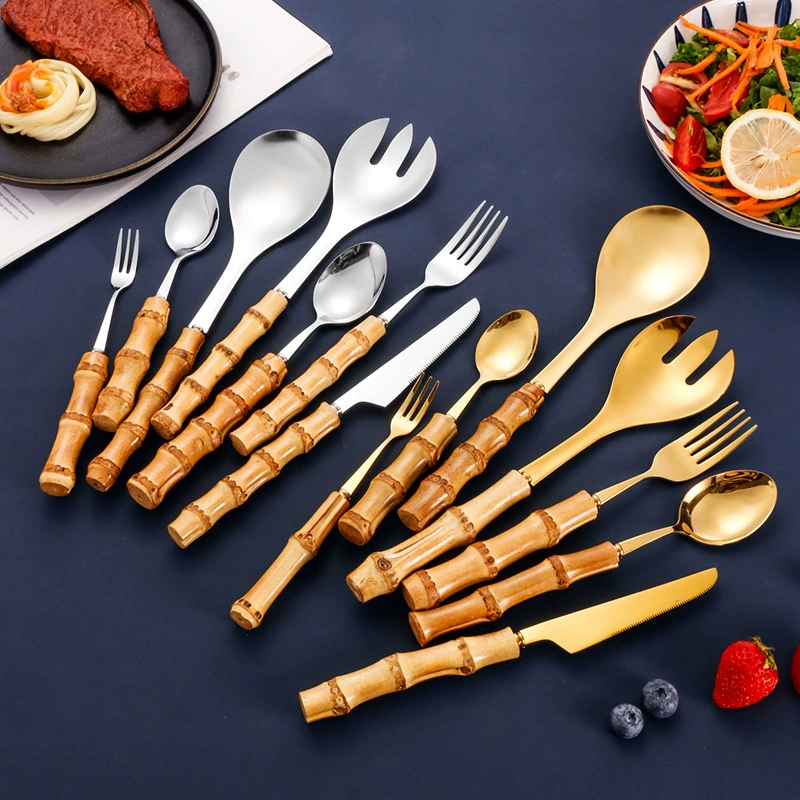 Профессиональная столовая из нержавеющей стали с бамбуковой ручкой, набор