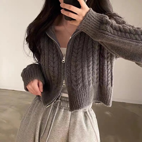 Autumn/Winter New Korean Style Retro Chic Student Solid Color Crochet Cardigan for Women with Double Zipper Knit Top